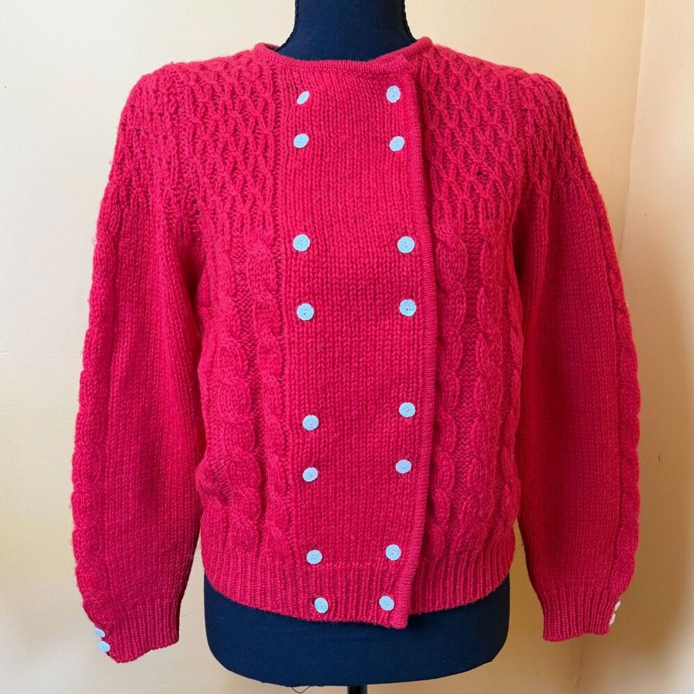 VTG Robert Scott Shetland Wool Cardigan Sweater Red Double Breasted Cable Knit